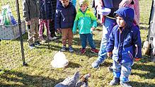 Michael Pohl von der Sparkasse Schwarzwald-Baar und Erzieherin Andrea Rold freuen sich mit den Kindern über das gelungene ...