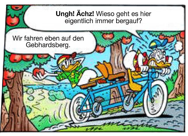 Donald (rechts) und Dussel Duck fahren mit dem Tandem auf den Gebhardsberg bei Bregenz. Dort liegt die Ruine Burg Hohenbregenz.