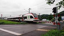 Eine S-Bahn auf der Wiesentalstrecke am Bahnübergang Daimlerstraße/Bahnhofstraße in Steinen. (Archivbild 2018)