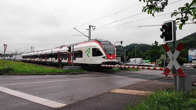 Eine S-Bahn auf der Wiesentalstrecke am Bahnübergang Daimlerstraße/Bahnhofstraße in Steinen. (Archivbild 2018)