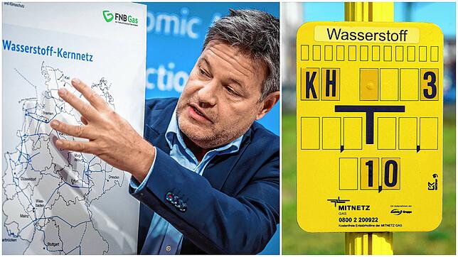 So stellt sich Robert Habeck, Bundesminister für Wirtschaft und Klimaschutz, das Wasserstoffnetz in Deutschland vor. Hinweisschilder auf ...