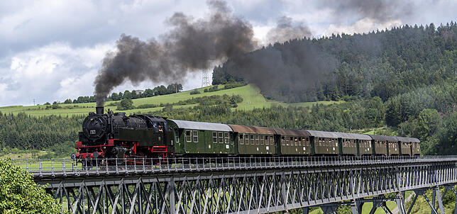 Malerisch fügt sich die Strecke der Sauschwänzlebahn in die Bilderbuchlandschaft mit Streuobstwiesen und schnuckeligen Dörfern. Hier ...
