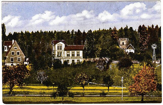 Eine Postkarte um 1928 aus der Sammlung von Clemens Schäfle. Zu sehen sind links erste Wohnhäuser, das Café Weinburg in der Mitte und ...