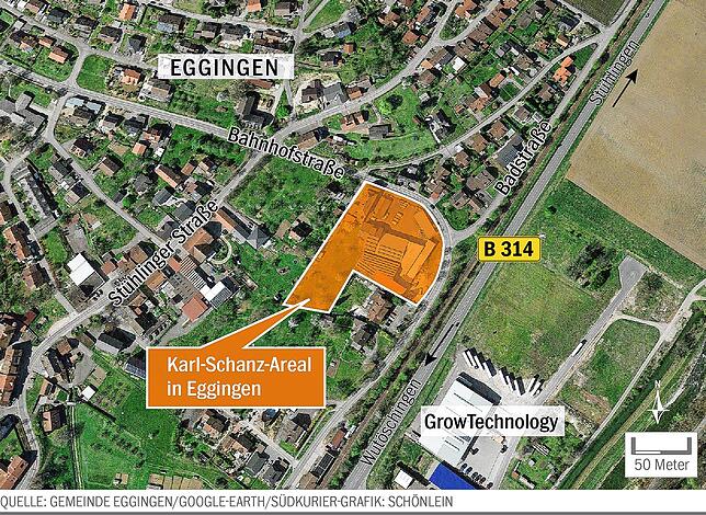 Lage des von der Gemeinde Eggingen erworbenen Karl-Schanz-Areals.