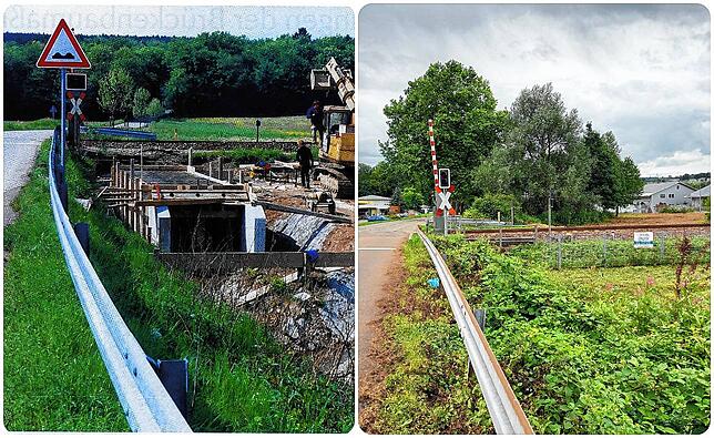 Himmelreichstraße. Links: Am Bahnübergang Himmelreich wird 1986 ein neuer Durchgang für den Vleielbach geschaffen. Rechts: Heute führt ...
