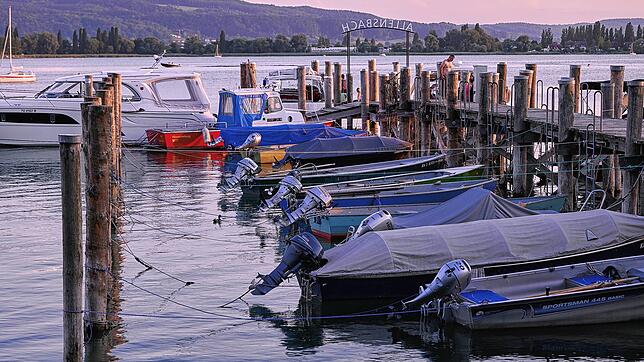 Motorboote an der Schiffslände in Allensbach. Im Dezember 2018 wurden dort vier Außenbordmotoren gestohlen. Einer der vermutlich drei ...