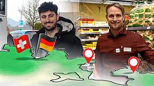 Der Handel im Grenzgebiet lebt von nationenübergreifenden Kundenbeziehungen, wie Tankstellenbetreiber Kosta Taktsides (links) und ...