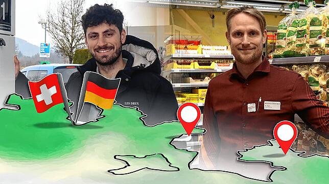 Der Handel im Grenzgebiet lebt von nationenübergreifenden Kundenbeziehungen, wie Tankstellenbetreiber Kosta Taktsides (links) und ...
