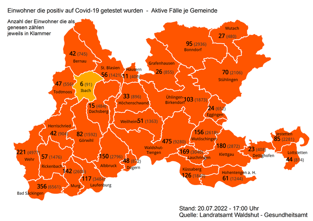 Am 20. Juli 2022 gibt es im Landkreis Waldshut 3140 aktive Corona-Fälle.