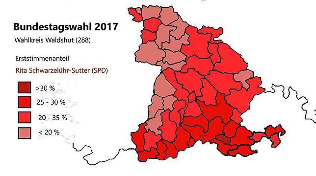 Dies Karte zeigt das Abschneiden der SPD-Bundestagsabgeordneten Rita Schwarzelühr-Sutter in den Gemeinden des Wahlkreises bei der Wahl 2017.