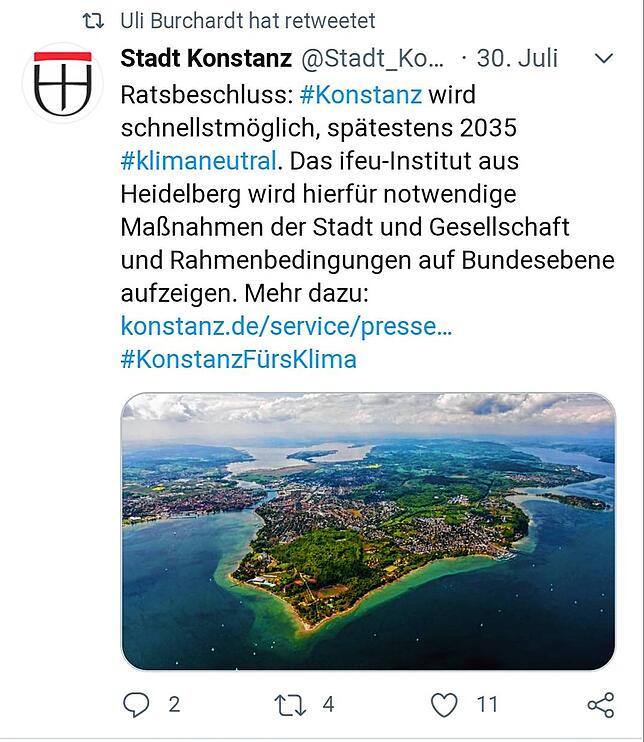 Die irreführende Information auf Twitter: Dass der Gemeinderat beschlossen hätte, Konstanz würde spätestens 2035 klimaneutral werden.