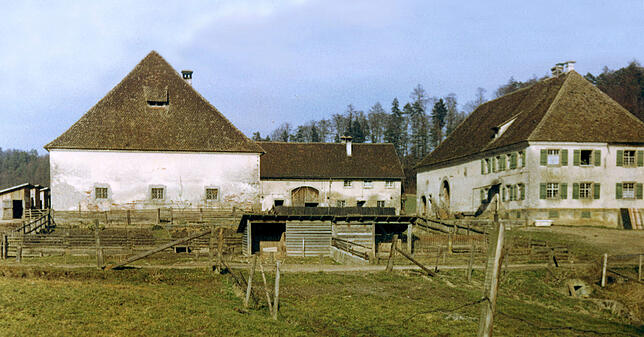 Der Mendlishauser Hof in einer Aufnahme von 1961. 1976, beim Erwerb durch Baron Gilbert de Turckheim und seinem Freund Jaques Renaud, ...