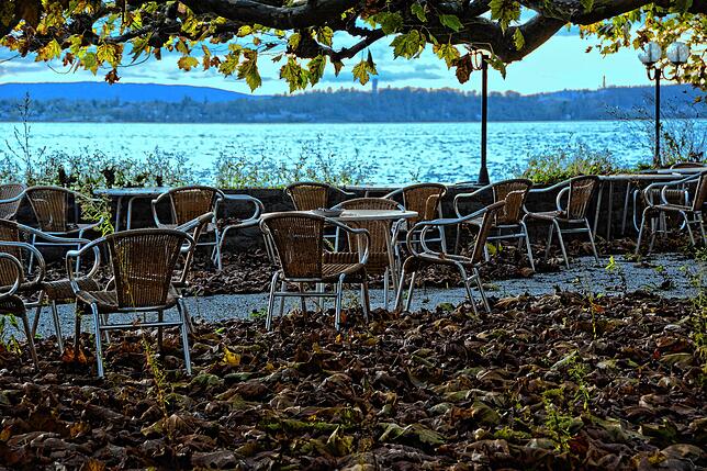 Einst genossen Könige und Schauspieler den Blick von der Terrasse des Wilden Mannes auf den Bodensee. Jetzt türmt sich hier das Laub.