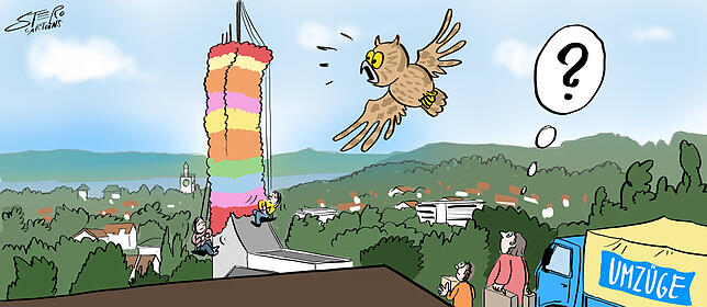 Der Telekomturm in einer SÜDKURIER-Karikatur.