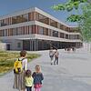 Der Vorentwurf zeigt das neue Gebäude für die Grundschule, Weiherdammschule und die Mensa von der Achdorfer Straße aus. Zwei Drittel der ...