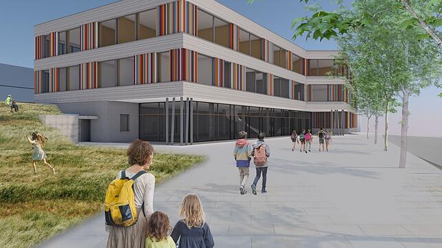 Der Vorentwurf zeigt das neue Gebäude für die Grundschule, Weiherdammschule und die Mensa von der Achdorfer Straße aus. Zwei Drittel der ...