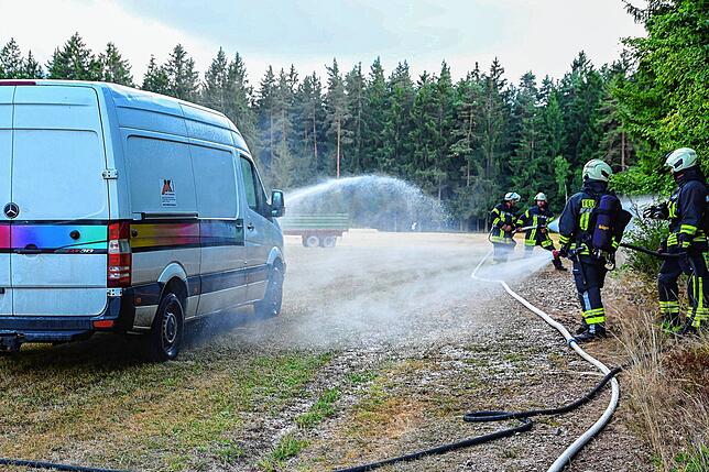 Das Fahrzeug stellt einen brennenden Campingbus dar, der von den Einsatzkräften fachgerecht gelöscht wird.