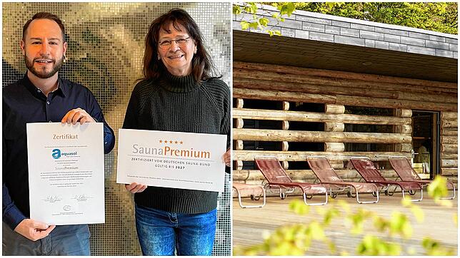 Steven Ulrich, Abteilungsleiter Bäder, und Ursula Geißler, Teamleiterin Sauna, freuen sich über die Premium-Zertifikate für die ...