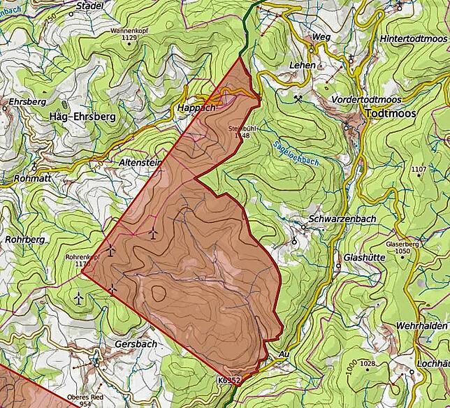Geflügelpest: Sperrgebiete (rot) und Beobachtunggebiet (blau) im Landkreis Lörrach (Stand der Information:2. April 2021).