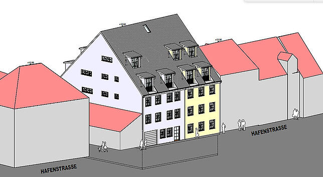 So sieht der Bauantrag für ein Gebäude auf den Flurstücken Hafenstraße 16 und 18 aus. Die Ausmaße sind der Stadtplanung und dem ...